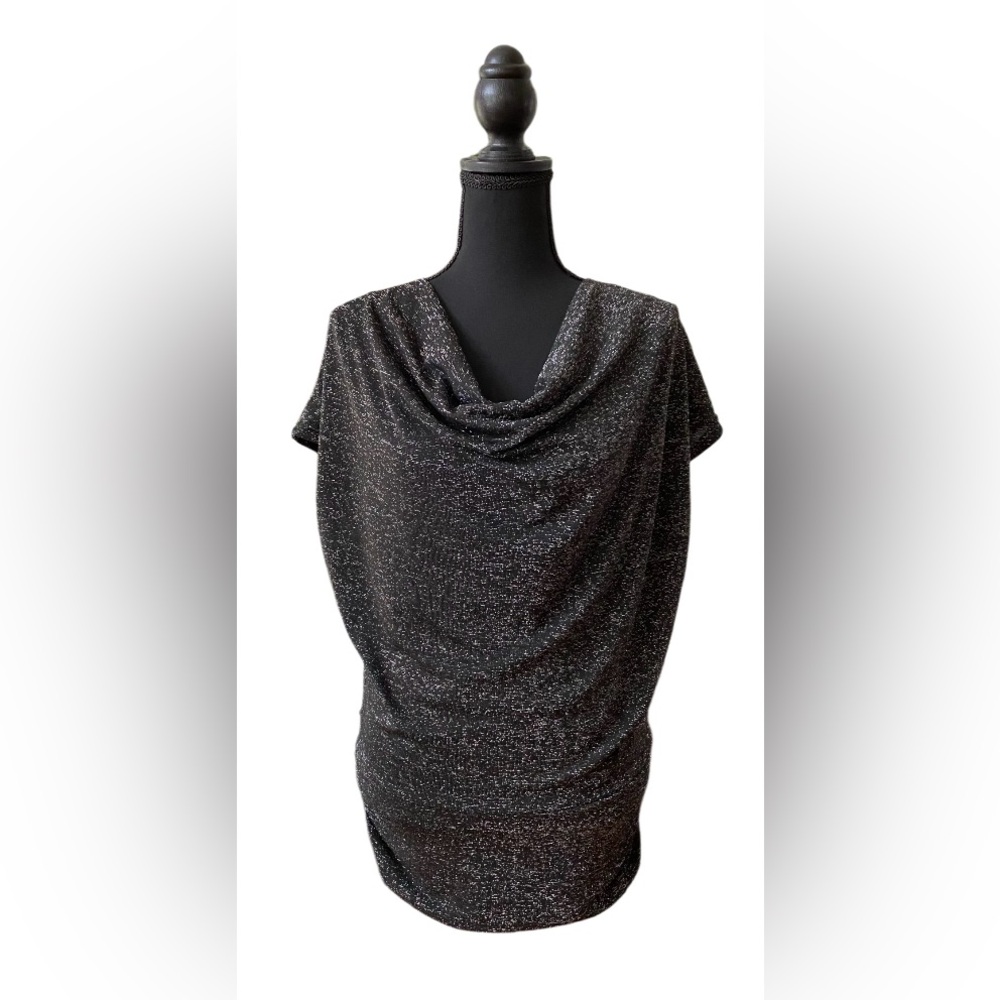 Maite Perroni: Elegant Black and Metallic  Cowl Drape Neck Blouse with Lace